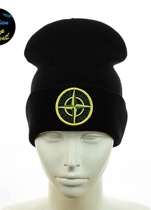 ● молодежная шапка бини с вышивкой - стон айленд / stone island - черный ●