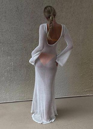 Длинная женская пляжная туника белого цвета, вязаное пляжное платье с открытой спиной 42/442 фото