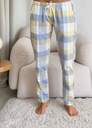 Пижамные домашние женские штаны фланель клетка жёлто-серый1 фото