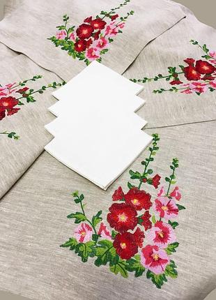 Комплект скатерть подарочный "мальвы" серый льняной галерея льна серый