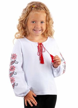 Белая вышиванка с длинными пышными рукавами, вышитая трикотажная рубашка для девочки с орнаментом и цветами, вышиванка для девчонки3 фото