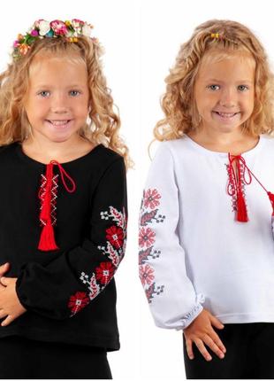 Чорна біла вишиванка для дівчинки з довгими пишними рукавами, вишита трикотажна сорочка з об'ємними рукавами з червоним орнаментом і квітами