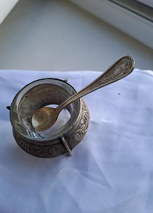 Винтажная солонка/горчичница с ложкой 8юммет серебрение