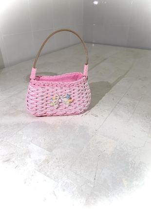 Сумка маленька ручної роботи нова біла в’язана плетена міні сумка клатч рожева barbie2 фото