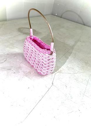 Сумка маленька ручної роботи нова біла в’язана плетена міні сумка клатч рожева barbie3 фото