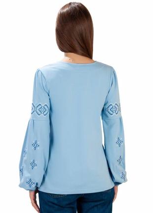 Женская голубая вышиванка с пышными рукавами с вышивкой, вышитая трикотажная рубашка женская с длинным рукавом, вышиванка с орнаментом5 фото