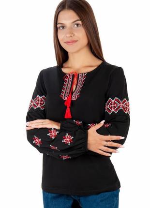 Жіноча вишиванка з пишними рукавами з  вишивкою, вишита чорна трикотажна сорочка жіноча з довгим рукавом, вышиванка с орнаментом