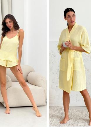 Жіночий мусліновий комплект халат+піжама cosy в подарунковій упаковці, лимонний m14+p1 фото
