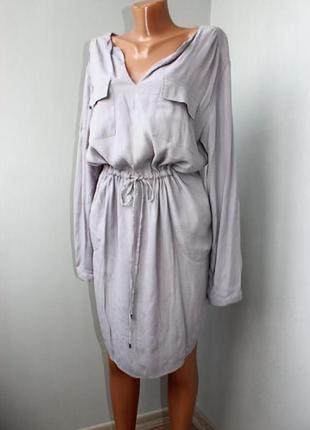 Стильное серое просторное платье-рубашка с карманами l1 фото