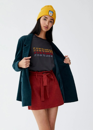 Мини юбка под поясок pull & bear высокая посадка фактурный хлопок paperbag
