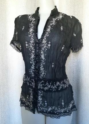 Женская черная шифоновая блуза с вышивкой в ​​мелкий цветок блестящая блузка, новогодняя, ​​нарядная9 фото
