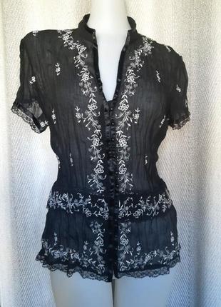 Женская черная шифоновая блуза с вышивкой в ​​мелкий цветок блестящая блузка, новогодняя, ​​нарядная3 фото