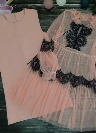 Крутое двойное платье: платье без рукавов + кружевная накидка с длинными рукавами