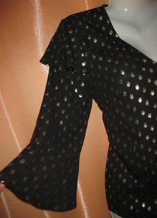 Шикарна нарядна легка шифонова чорна блузка з золотими горошинами з оборками воланами рюшами 8uk3 фото