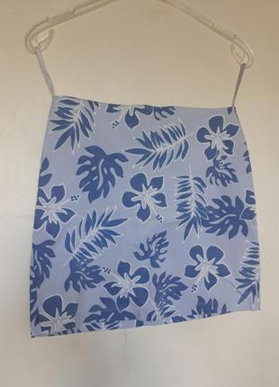 Летняя юбка женская облегающая легкая цветочный принт голубая гавайская bay2 фото