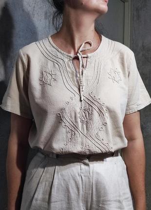 Сорочка блузка блуза прямая крой бежевая вышивка бохо этно узор хлопок3 фото