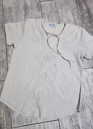 Сорочка блузка блуза прямая крой бежевая вышивка бохо этно узор хлопок4 фото