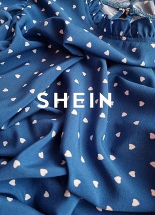 Женская синяя блуза блузка блузочка в белые сердечки воротник стойка l л shein1 фото
