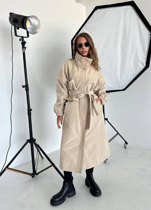 Шикарный длинный свободный плащ тренч пальто кардиган дождевик хаки бежевый с поясом оверсайз парка пальто пуховик шуба миди хлопковый тканевый