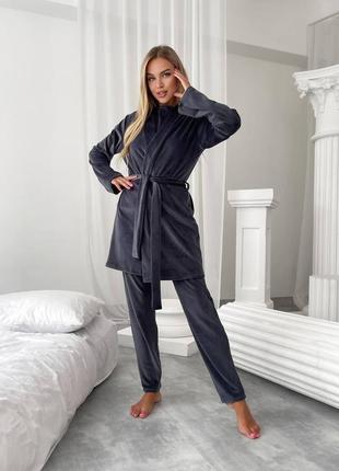 Тепла зимова велюрова плюшева жіноча піжама домашній костюм-трійка графіт4 фото