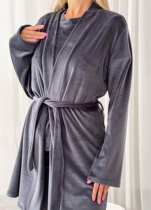 Тепла зимова велюрова плюшева жіноча піжама домашній костюм-трійка графіт5 фото