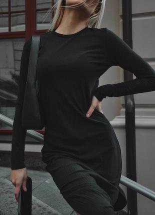 Платье миди черное однотонное на длинный рукав с разрезами по ноге качественное стильное базовое2 фото