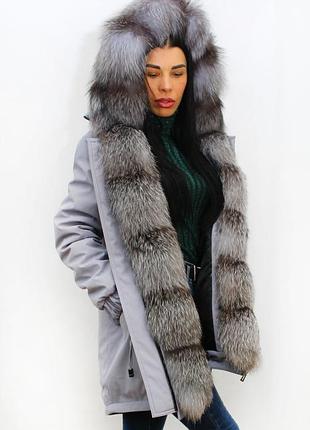 Парка женская с мехом чернобурки, серый, р42, 75см.