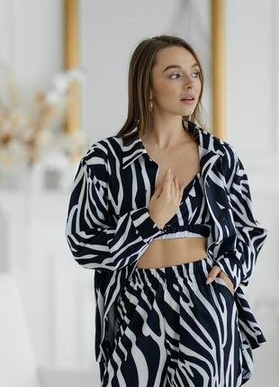 Zara qc піжамний костюм трійка  сорочка бра штани чорно білий тигр зебра3 фото