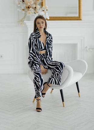 Zara qc піжамний костюм трійка  сорочка бра штани чорно білий тигр зебра7 фото