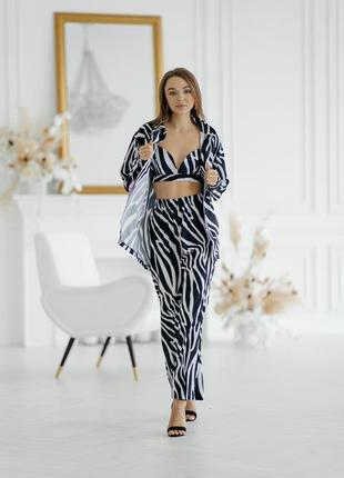 Zara qc піжамний костюм трійка  сорочка бра штани чорно білий тигр зебра8 фото