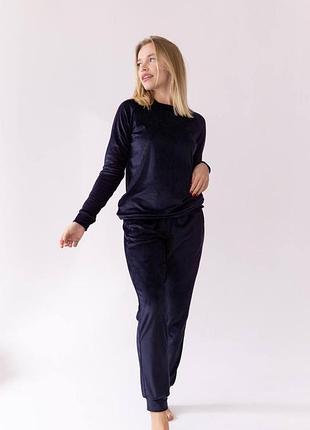Костюм домашний велюр с карманами свитшот и штаны синий
