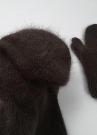 Вязаный набор коричневая шоколадная шапка и варежки ангора кролик ручная работа3 фото