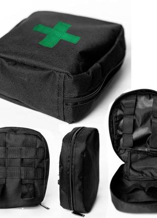 Тактическая аптечка, подвесная аптечка, военная аптечка из ткани. цвет: черный с зеленой нашивкой1 фото