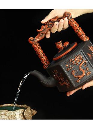 Чайник-заварник для чаю 2800 мл шестикутний дракон чорного кольору, заварювальний чайник глиняний3 фото