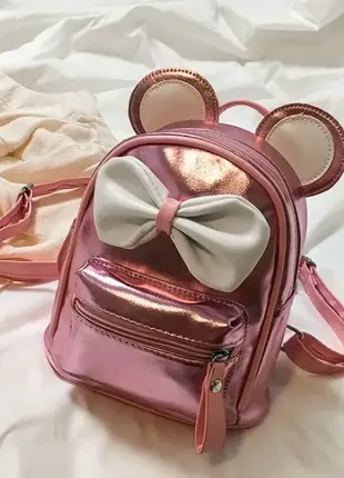 Маленький дитячий рюкзак міккі маус з вушками і бантиком, міні рюкзак для дівчаток блискучий з вухам2 фото