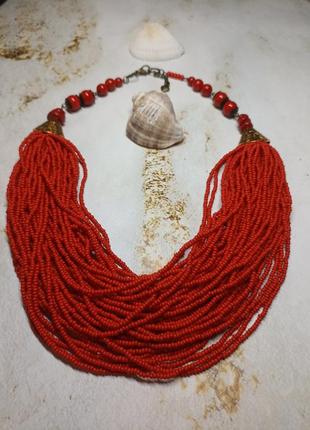 Обьемное красное ожерелье бисер коралл до вышиванки1 фото