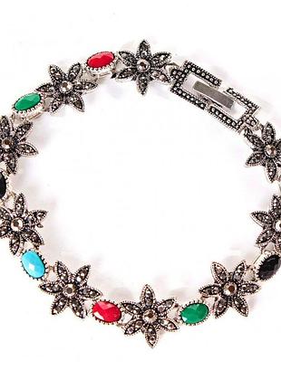 [20 см] браслет жіночий квітка зі стразами і різнокольорові круглі камені у вигляді вставок, темний метал