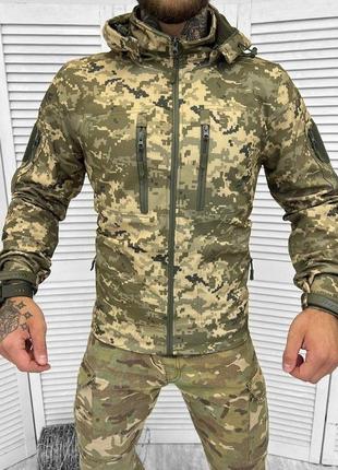 Тактична куртка військова піксель софтшел на флісі весняна з капюшоном4 фото