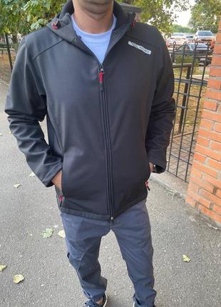 🔵 мужская куртка софт шелл с капюшоном на флисе6 фото