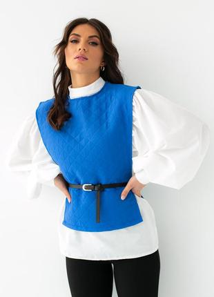 Блуза с объемными рукавами с накидкой и поясом8 фото