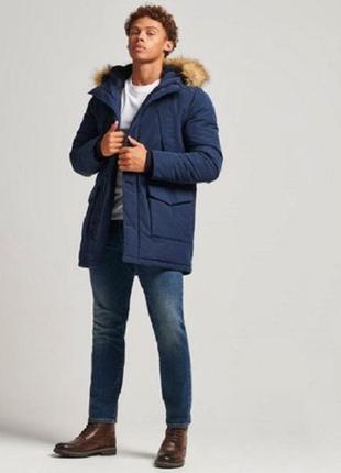 Куртка  пуховик парка мужская зимняя демисезонная синяя теплая с мехом superdry