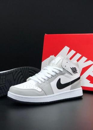 Мужские кроссовки высокие nike air jordan 1 retro high white grey black найк аир джордан высокие