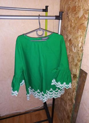 Волшебная блузка изумрудного цвета 100% хлопок. 42-44 размер5 фото