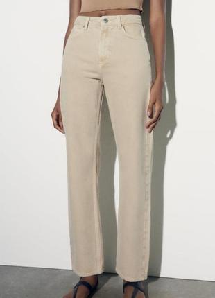 Zara джинсы свежая коллекция, бежевые на высокой посадке, тренд, брюки, штаны2 фото