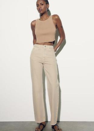 Zara джинсы свежая коллекция, бежевые на высокой посадке, тренд, брюки, штаны4 фото