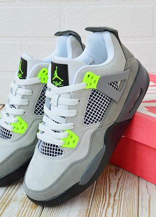 Nike air jordan 4 retro серые с салатовым кроссовками мужские замшевые высокие осенние4 фото