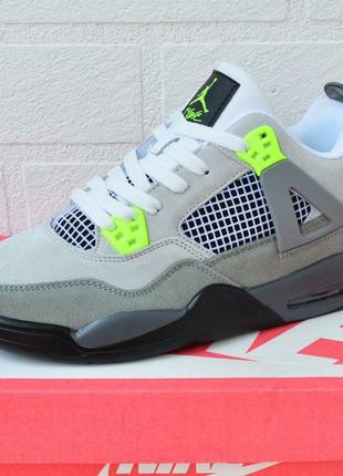 Nike air jordan 4 retro серые с салатовым кроссовками мужские замшевые высокие осенние6 фото