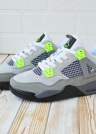 Nike air jordan 4 retro серые с салатовым кроссовками мужские замшевые высокие осенние7 фото