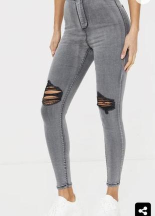 Класні якісні стрейчеві сірі джинси скіні з потертостями висока талія1 фото