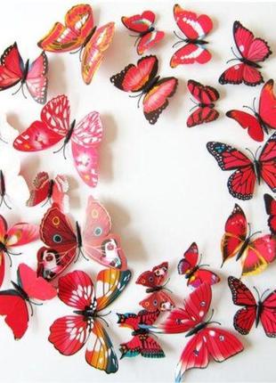 Красные бабочки на магните - в наборе 12шт. разных размеров, пластик, в набор так же входит скотч1 фото
